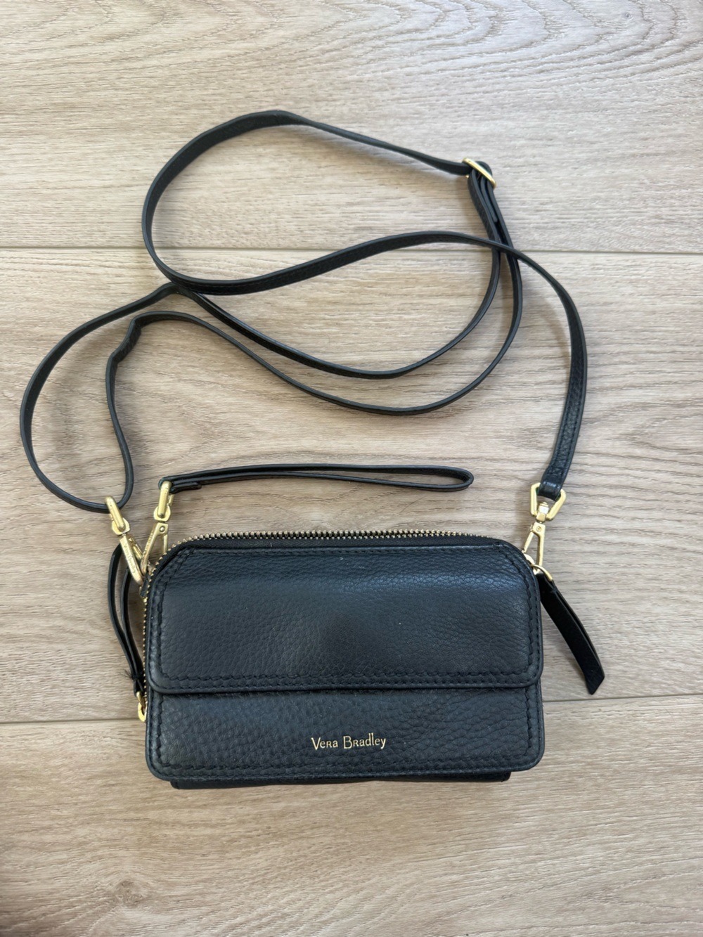 Vera Bradley Black Pebbled Leather Crossbody with Gold Hardware